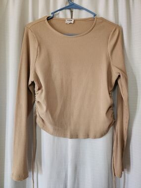 Cotton On Beige Ribbed Long-Sleeve Side-Tie Top